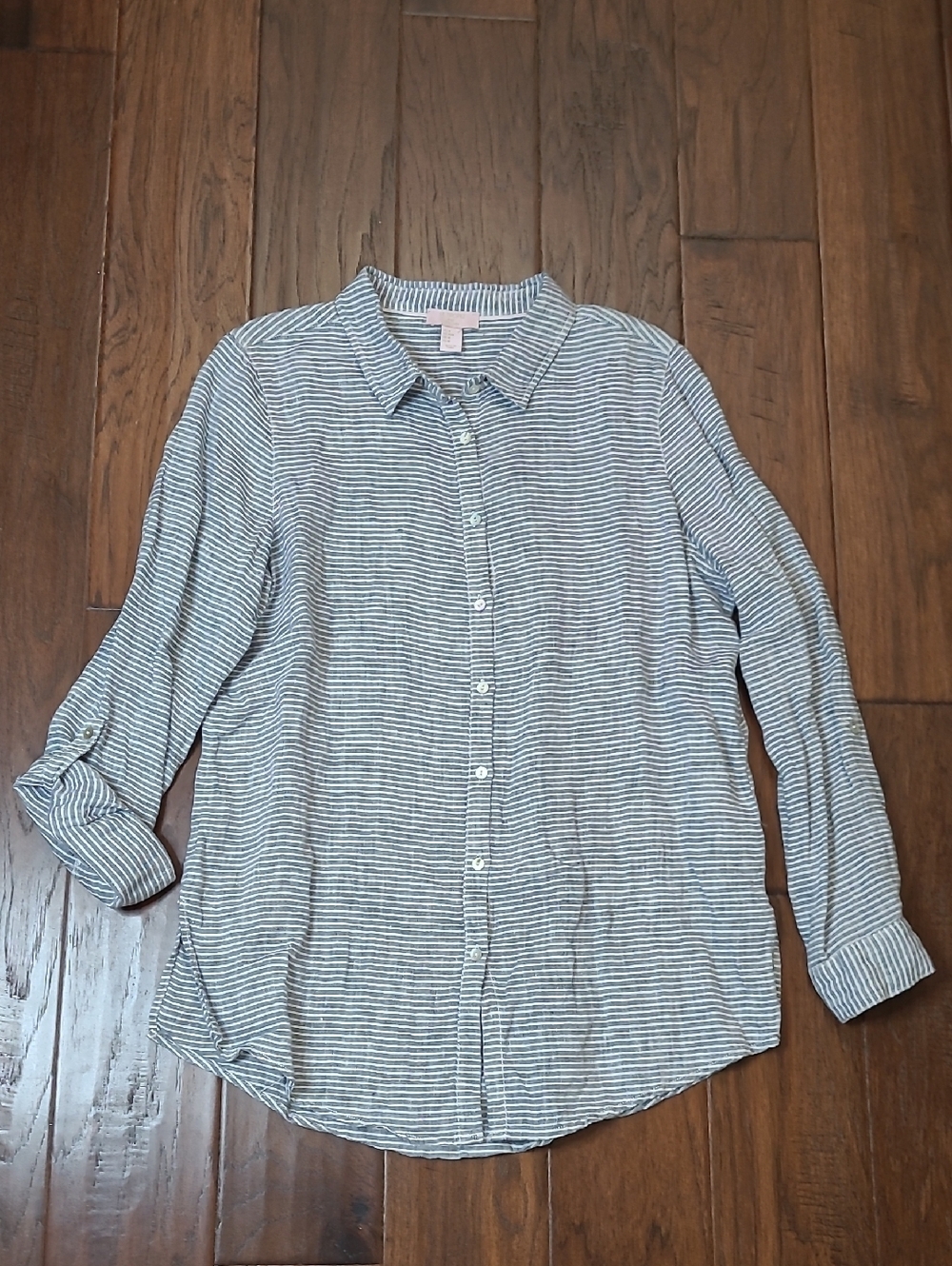 Saint Tropez West 100% Linen Blue & White Striped Button-Up Blouse size Medium